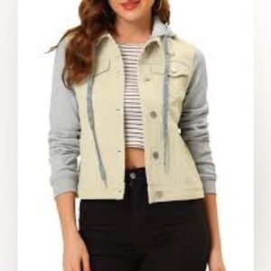 Allegra K Women’s Jean Jacket with Soft Cotton Sleeves‎ & Hood Size S Acid Wash